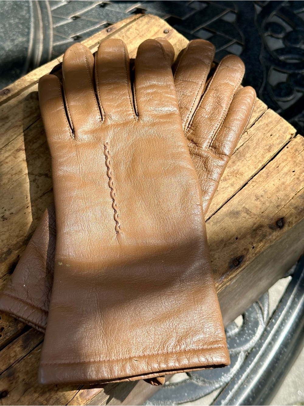 Vintage Brown Leather Fur Lined Gloves Womens Medium